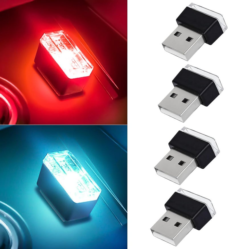Hbxdeco 4 قطع مصباح جو LED داخلي للسيارة، ضوء ليلي صغير محمول، مجموعة إضاءة محيطية بواجهة USB، ملحقات داخلية عالمية للسيارة (أحمر + أزرق جليدي) - Image 1